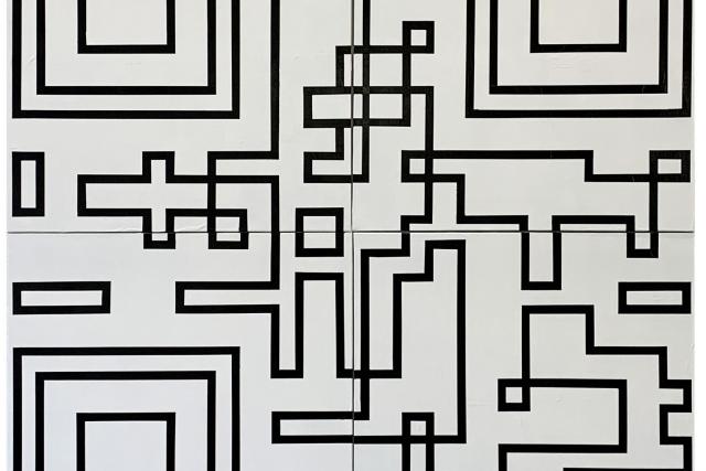 Labyrinthe, 2021, Collage et acrylique sur 4 toiles, 160x160cm