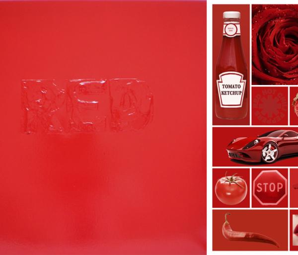 Rouge, 2012, Acrylique sur toile 60×60 + Collage: Tirage sur papier photo brillant 30×60